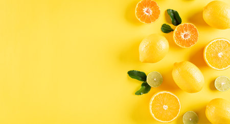 Summer composition made from oranges, lemon and green leaves on pastel yellow background. Fruit minimal concept. Flat lay, top view, copy space.の写真素材