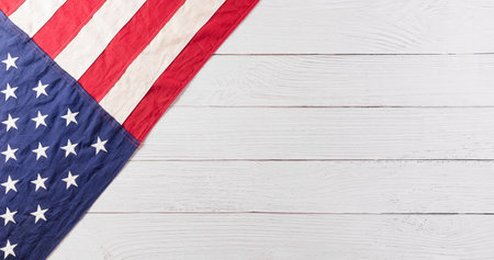 Happy memorial day concept made from american flag on white wooden background.の写真素材