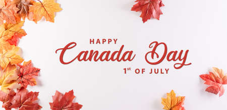Happy Canada Day concept made from red silk maple leaves with the text on white background.の写真素材