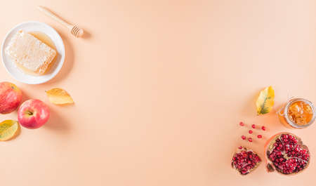 Rosh hashanah (jewish New Year holiday), Concept of traditional or religion symbols on pastel background.の写真素材