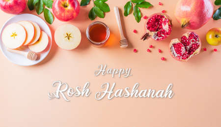 Rosh hashanah (Jewish New Year holiday), Concept of traditional or religion symbols on pastel background with the text.の写真素材