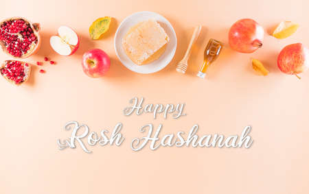Rosh hashanah (jewish New Year holiday), Concept of traditional or religion symbols with the text on pastel background.の写真素材