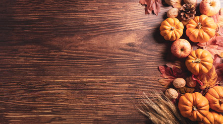 Autumn composition. Pumpkin, cotton flowers and autumn leaves on dark wooden background. Flat lay, top view with vintage style.の写真素材