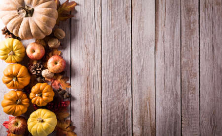 Autumn composition. Pumpkin, cotton flowers and autumn leaves on dark wooden background. Flat lay, top view with copy spaceの写真素材