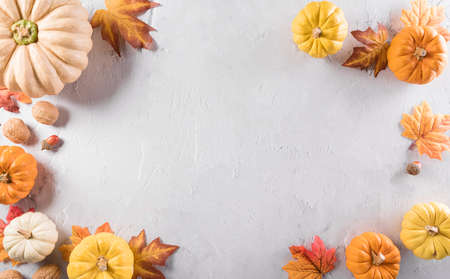 Autumn composition. Pumpkin, autumn leaves and apple on stone background. Flat lay, top view with copy space.の写真素材