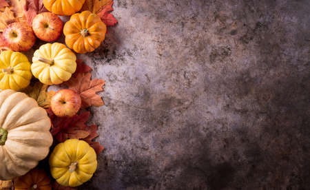 Autumn composition. Pumpkin, autumn leaves and apple on dark stone background. Flat lay, top view with copy space.の写真素材
