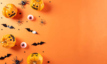 Halloween decorations made from pumpkin, paper bats and black spider on orange background. Flat lay, top view with copy space for text.の写真素材