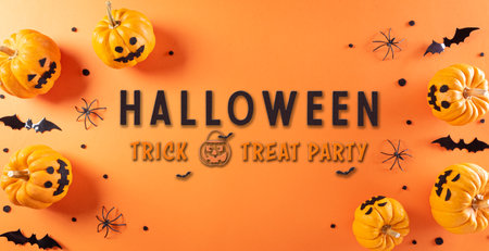 Halloween decorations made from pumpkin, paper bats and black spider on orange background.の写真素材