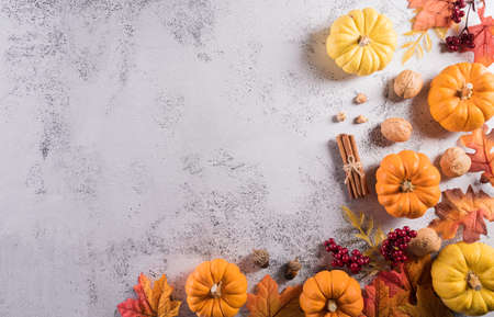 Thanksgiving background concept with fall leaves, pumpkin and seasonal autumnal decor on stone background, top view, copy space.の写真素材