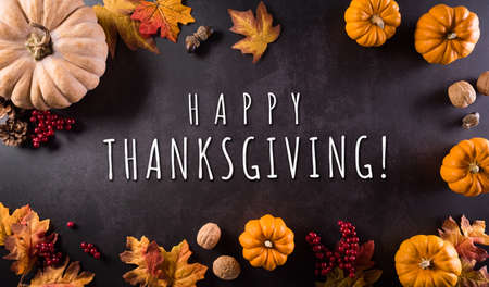 Thanksgivings and autumn composition. Pumpkin, cotton flowers and autumn leaves with the text on dark stone background.の写真素材