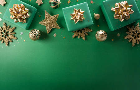 Christmas and new year background concept. Top view of Christmas gift box, christmas ball and...