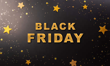Top view of Black Friday sales discount concept in round frame of golden stars with the text on dark background.の写真素材