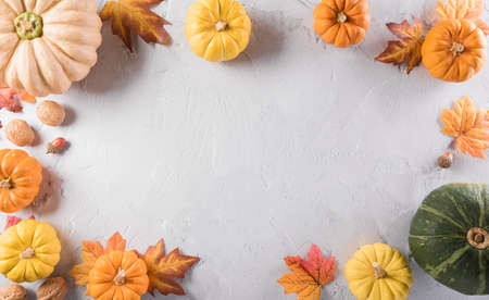 Autumn composition. Pumpkin, autumn leaves and apple on stone background. Flat lay, top view with copy space.の写真素材