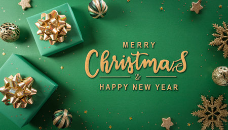 Christmas and new year background concept. Top view of Christmas gift box, christmas ball and snowflake on green background.の写真素材