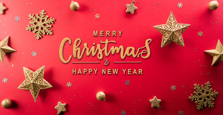 Christmas and new year background concept. Top view of Christmas  ball, star and snowflake on red background.の写真素材