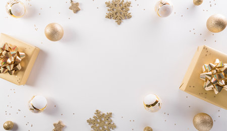 Christmas and new year background concept. Top view of Christmas gift box, christmas ball and snowflake on white background.の写真素材