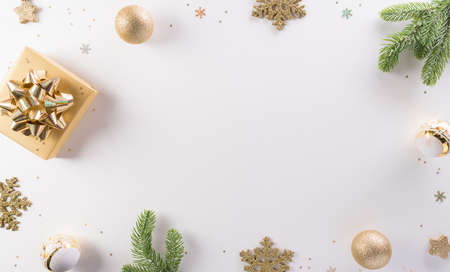 Christmas and new year background concept. Top view of Christmas gift box, reindeer, christmas ball and snowflake on white background.の写真素材