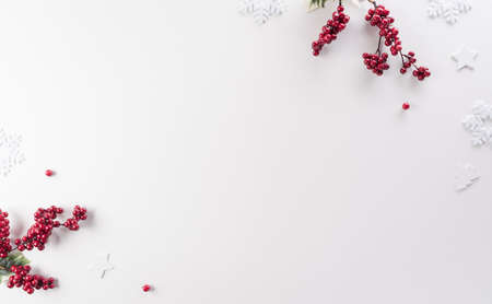 Christmas and new year decoration background concept. Top view of red berry, star and snowflake on white background.の写真素材
