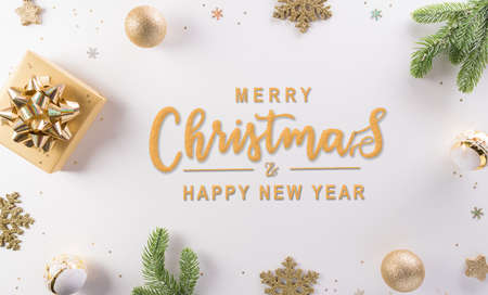 Christmas and new year background concept. Top view of Christmas gift box, reindeer, christmas ball and snowflake on white background.の写真素材