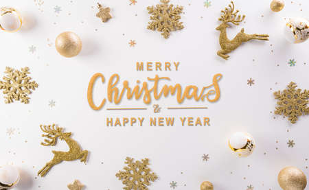 Christmas and new year background concept. Top view of Christmas decoration made from christmas ball, snowflake and reindeer white background.の写真素材