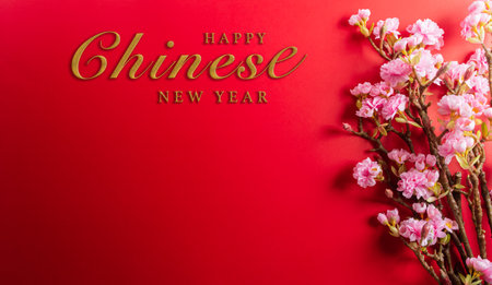 Chinese new year decorations made from plum blossom on a red background. A symbol for fortune, good luck, wealth, money flow.の写真素材