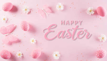 Happy easter! Colourful of Easter eggs in with flower on pastel pink background. Greetings and presents for Easter Day celebrate time. Flat lay ,top view. with the text.の写真素材