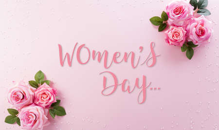 Happy Women's Day decoration concept made from rose flower with the text on pink pastel background.の写真素材