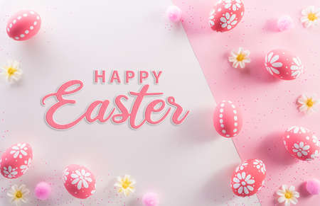 Happy easter decoration concept. Colourful Easter eggs with flowers and the text on pink and white background.の写真素材