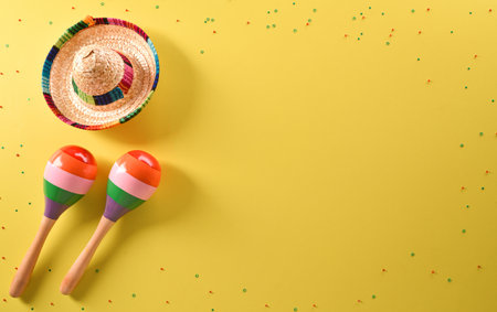 Cinco de Mayo holiday background made from maracas and hat on yellow background.の写真素材