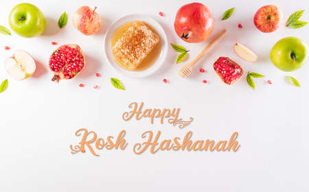 Rosh hashanah (Jewish New Year holiday), Concept of traditional or religion symbols with the text on white background.の写真素材