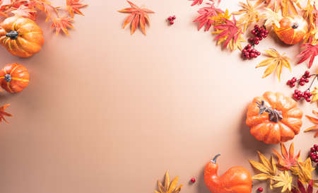 Autumn and thanksgiving decoration concept made from autumn leaves, berry and pumpkin on dark background. Flat lay, top view with copy space.の写真素材