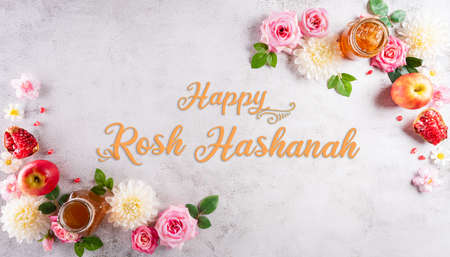 Rosh hashanah (jewish New Year holiday), Concept of traditional or religion symbols on stone background.の写真素材