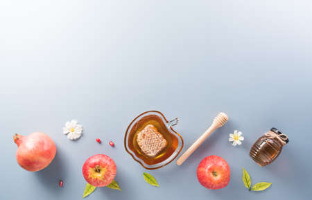 Rosh hashanah (jewish New Year holiday), Concept of traditional or religion symbols on pastel background.の写真素材