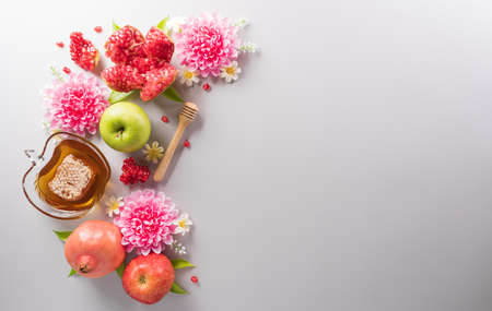Rosh hashanah (Jewish New Year holiday), Concept of traditional or religion symbols on pastel background.の写真素材