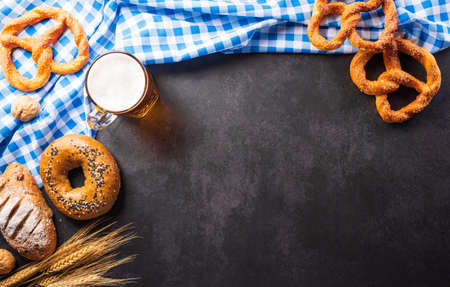 festival decoration symbols made from Pretzel loaf, beer, sausage, potato chips and Bavarian white...