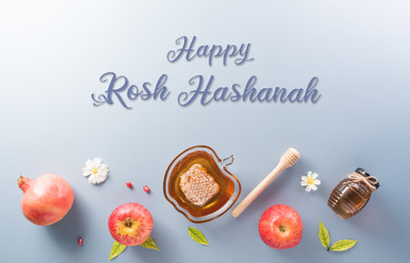Rosh hashanah (Jewish New Year holiday), Concept of traditional or religion symbols on pastel background.の写真素材