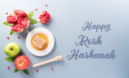 Rosh hashanah (jewish New Year holiday), Concept of traditional or religion symbols on pastel background.の写真素材
