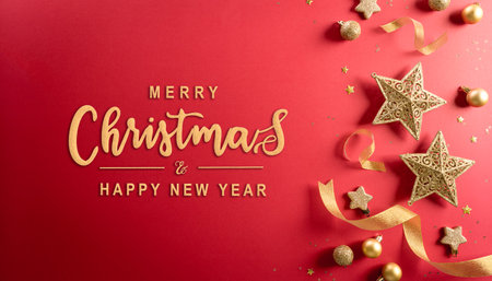 Christmas and new year background concept. Top view of Christmas decoration made from snowflake, christmas ball and  star on red background.の写真素材