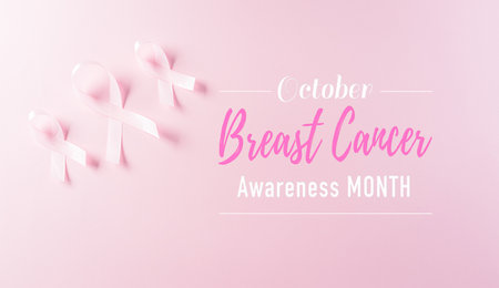 Pink ribbons on pastel background, Symbol of women's breast cancer awareness, Health care and medical concept.の写真素材