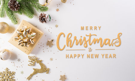 Christmas and new year background concept. Top view of Christmas gift box, reindeer, christmas ball and snowflake on white background.の写真素材