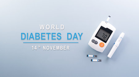 World Diabetes day concept ,14 November. Top view of blood glucose meter sets on pastel blue background,の写真素材