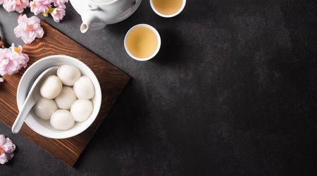 Top view of Tang Yuan(sweet dumplings balls). Traditional cuisine for lantern festival, Mid-autumn, Dongzhi (winter solstice festival) and Chinese new year.の写真素材