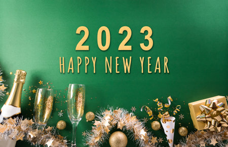 Happy New year celebration background concept. Champagne with glass, golden ribbon, stars and...