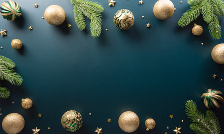 Christmas and new year background concept. Top view of Christmas ball, christmas brance, star and snowflake on dark background.の写真素材