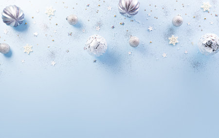 Christmas and new year background concept. Top view of Christmas ball, star and snowflake on pastel blue background.の写真素材