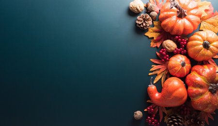 Thanksgiving and Autumn decoration concept made from autumn leaves and pumpkin on dark background. Flat lay, top view with copy space.の写真素材