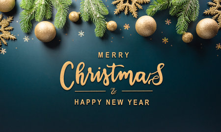 Christmas and new year background concept. Top view of Christmas ball, christmas brance, star and snowflake on dark background.の写真素材