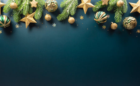 Christmas and new year background concept. Top view of Christmas ball, christmas brance, star and snowflake on dark background.の写真素材