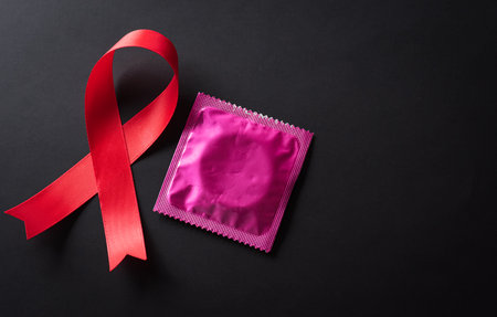Closeup red ribbon HIV, world AIDS day awareness ribbon on black background. Healthcare and medicine concept.の写真素材