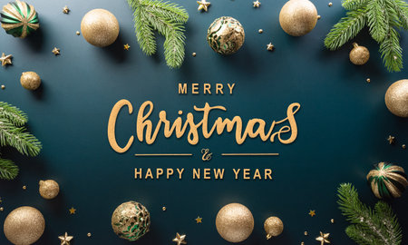 Christmas and new year background concept. Top view of Christmas ball, christmas brance, star and snowflake on dark background.の写真素材